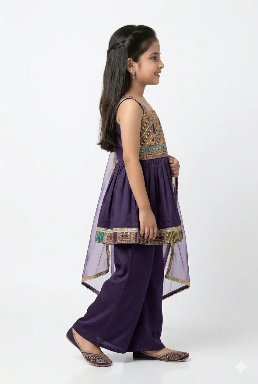 Girls Purple Peplum Kurti & Palazzo Set with Dupatta