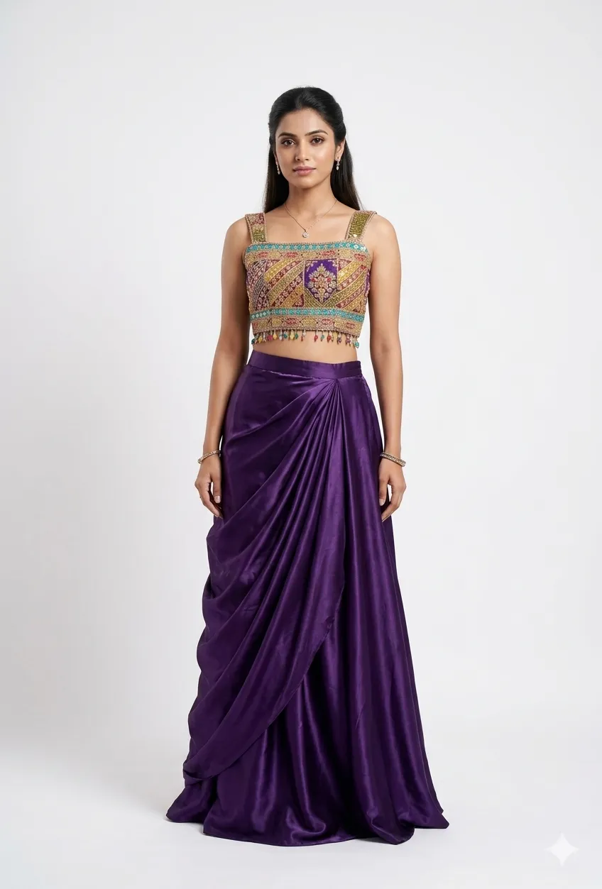 Royal Purple Draped Skirt Set with Embroidered Jacket