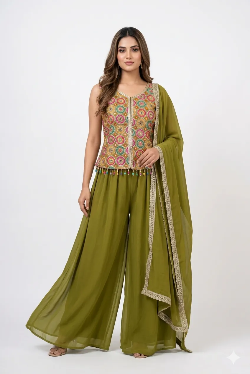 Multicolour Embroidered Peplum Palazzo Set with Dupatta