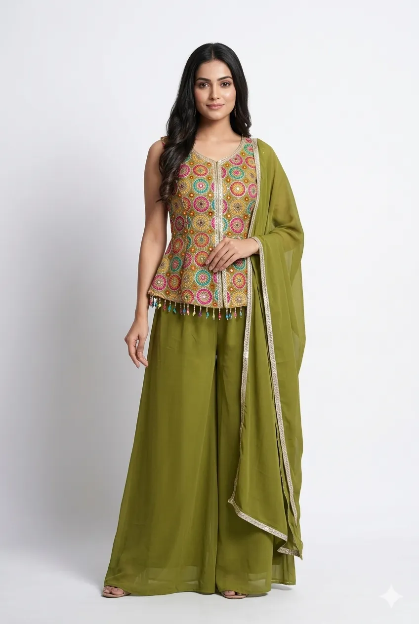 Multicolour Embroidered Peplum Palazzo Set with Dupatta