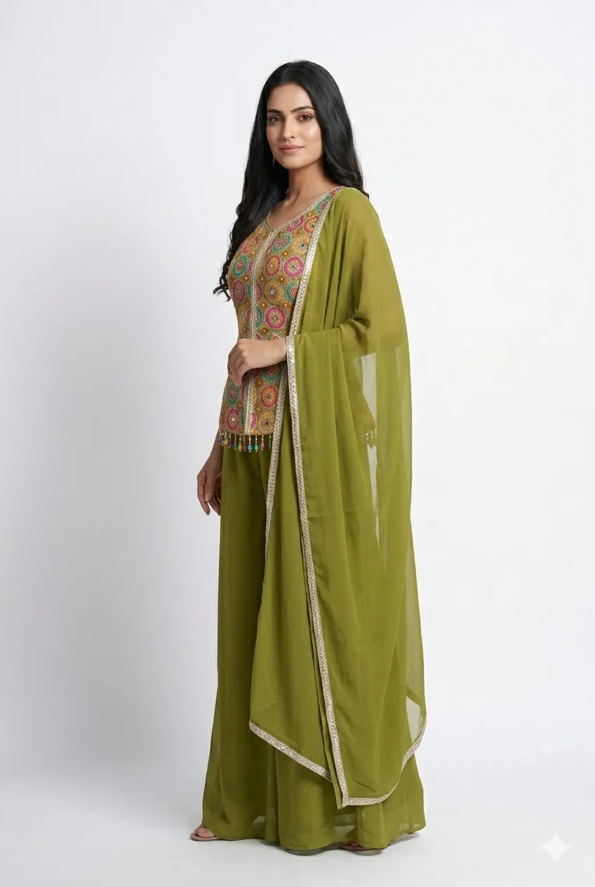 Multicolour Embroidered Peplum Palazzo Set with Dupatta