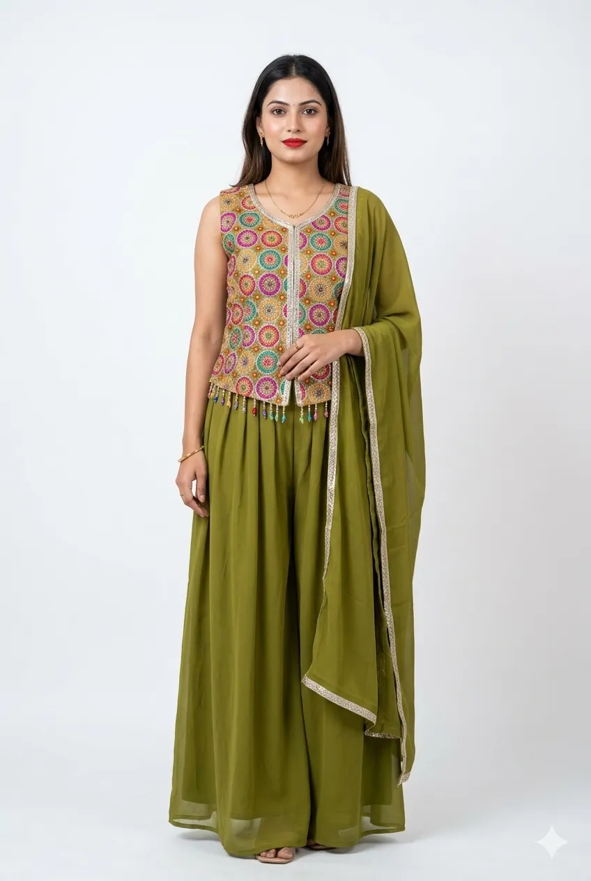 Multicolour Embroidered Peplum Palazzo Set with Dupatta