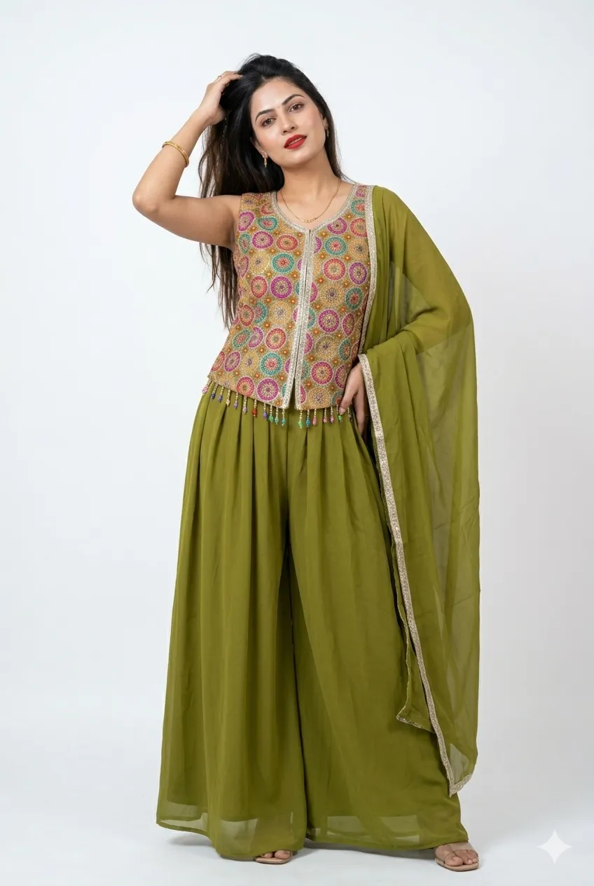 Multicolour Embroidered Peplum Palazzo Set with Dupatta