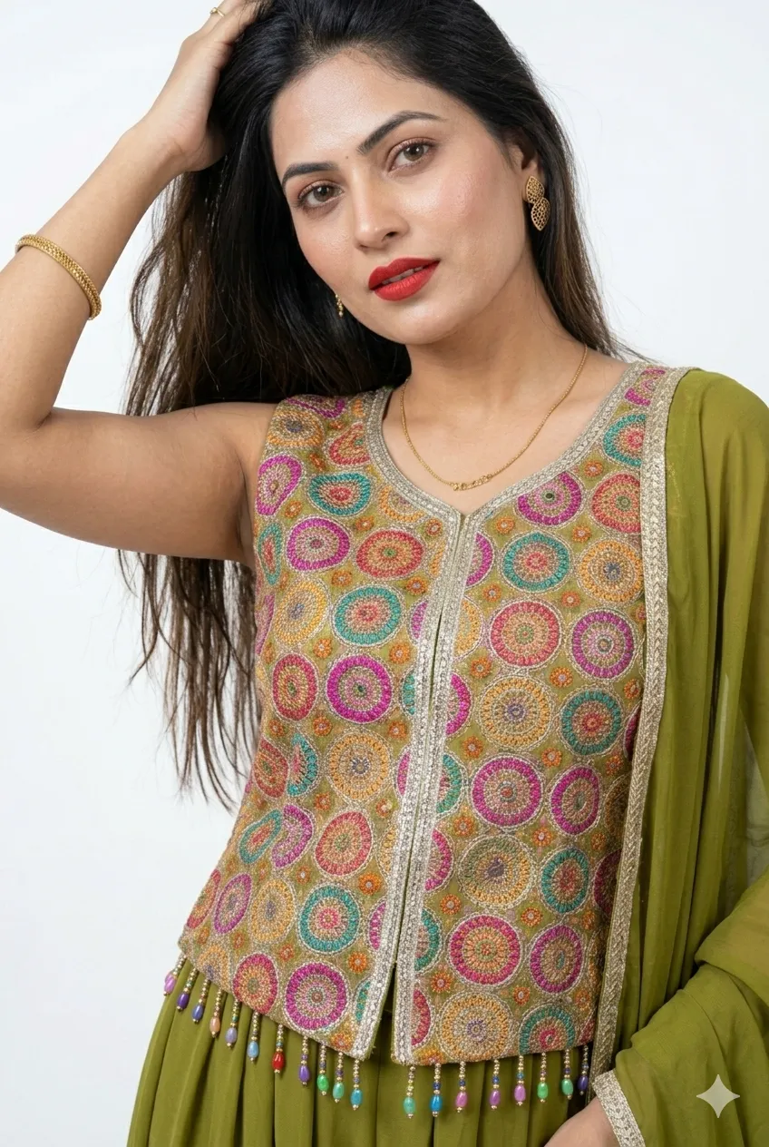 Multicolour Embroidered Peplum Palazzo Set with Dupatta