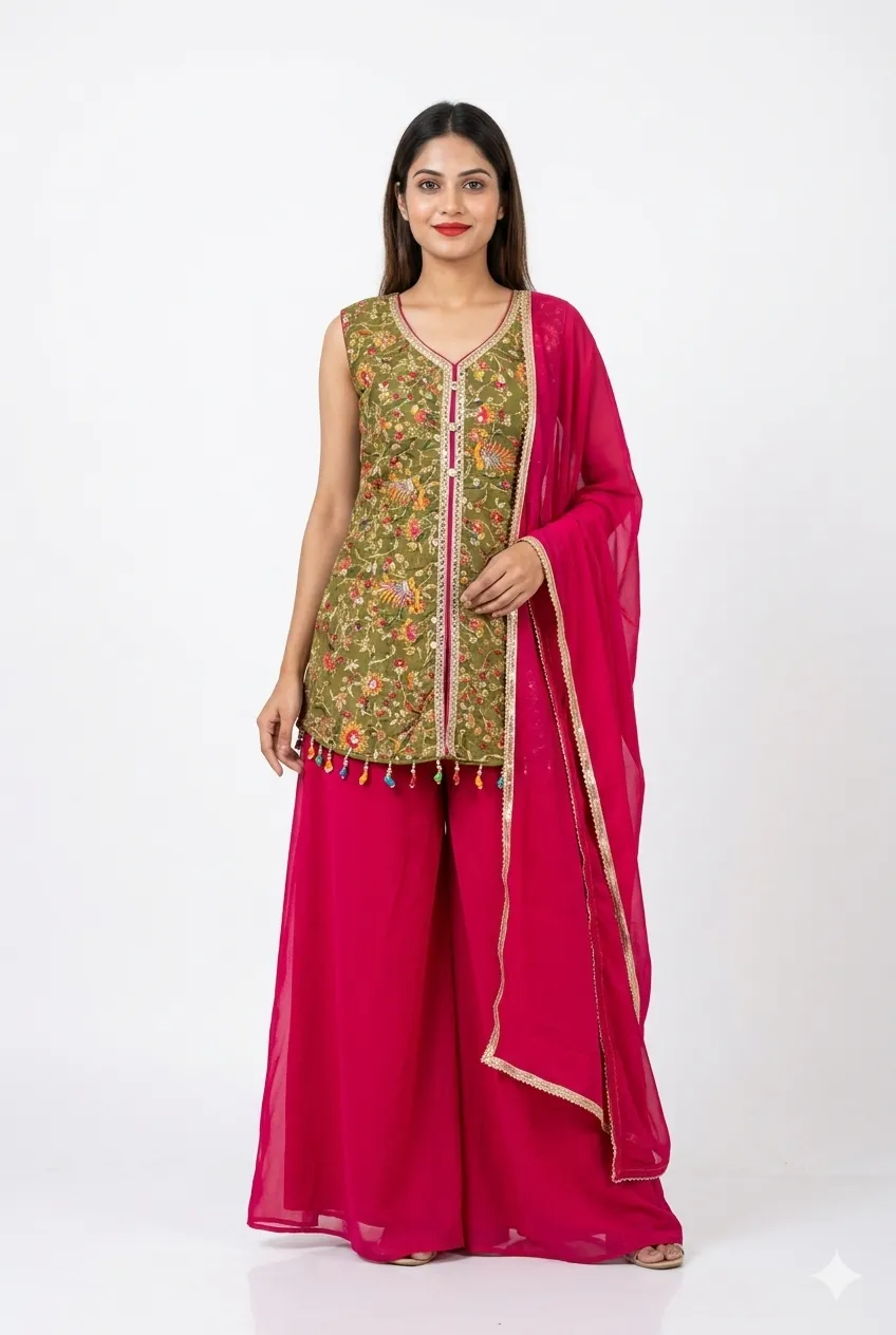 green kurti, vibrant pink palazzo matching dupatta.