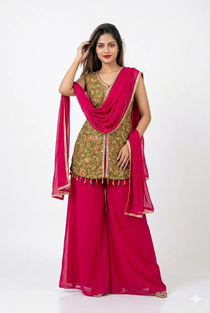 green kurti, vibrant pink palazzo matching dupatta.