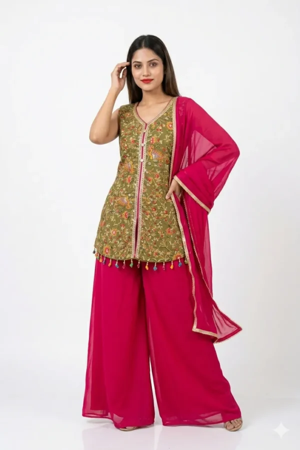 green kurti, vibrant pink palazzo matching dupatta.