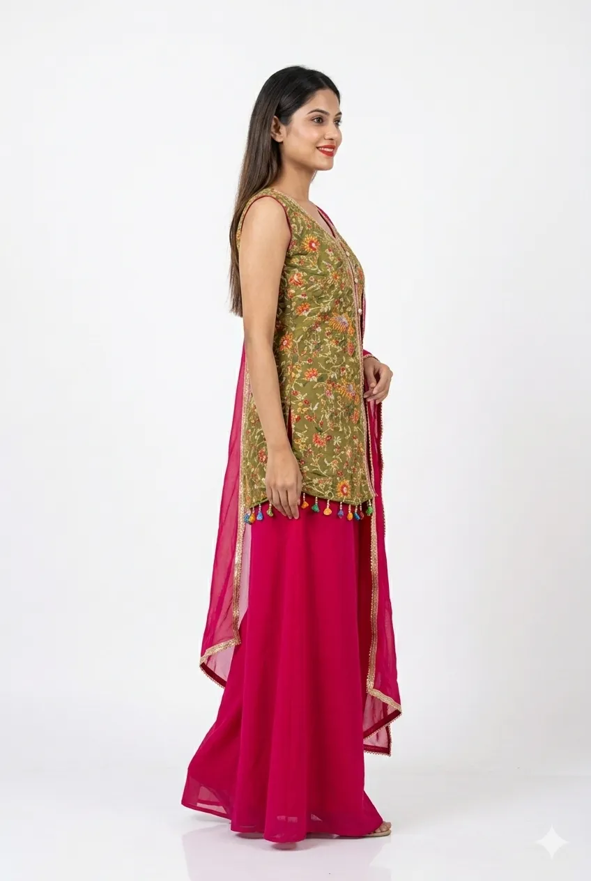green kurti, vibrant pink palazzo matching dupatta.