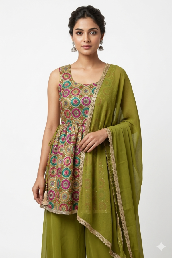Multicolour Embroidered Peplum Palazzo Set with Dupatta