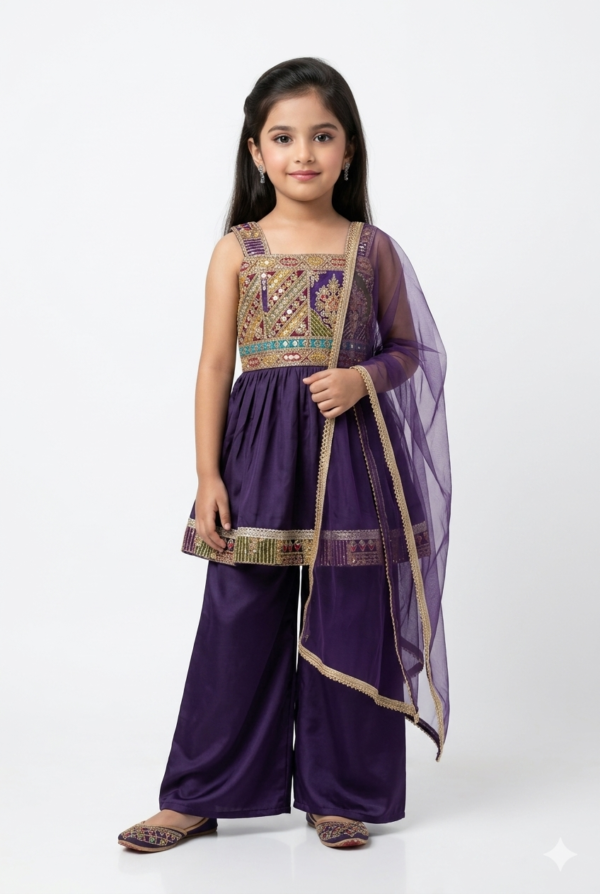 Girls Purple Peplum Kurti & Palazzo Set with Dupatta