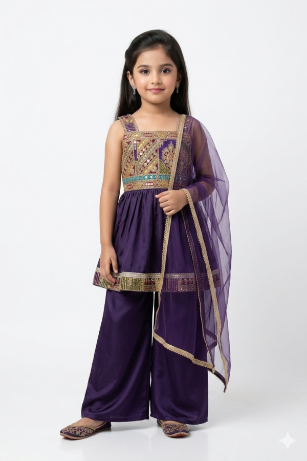 Girls Purple Peplum Kurti & Palazzo Set with Dupatta