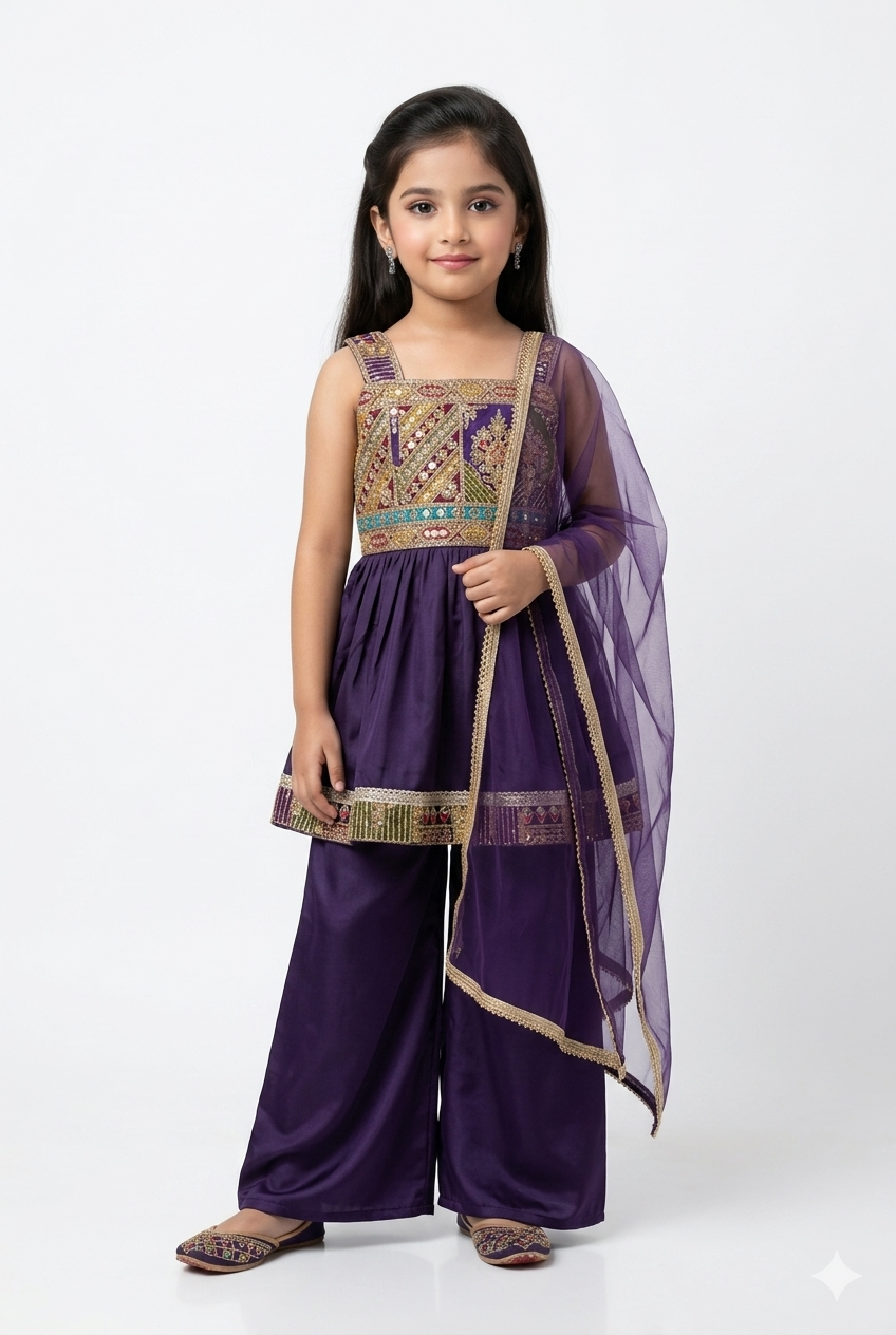 Girls Purple Peplum Kurti & Palazzo Set with Dupatta