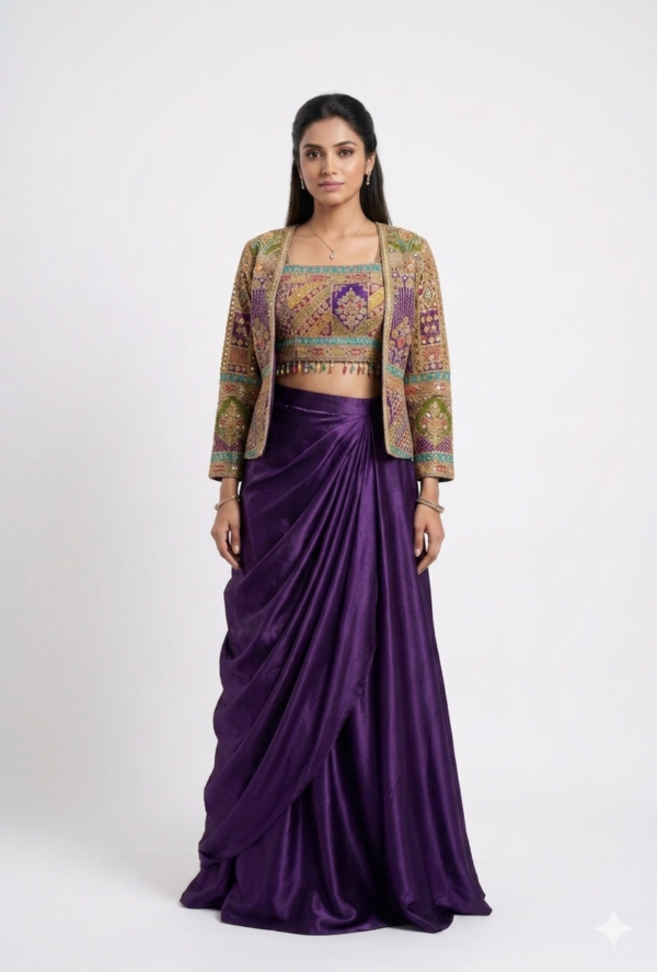 Royal Purple Draped Skirt Set with Embroidered Jacket